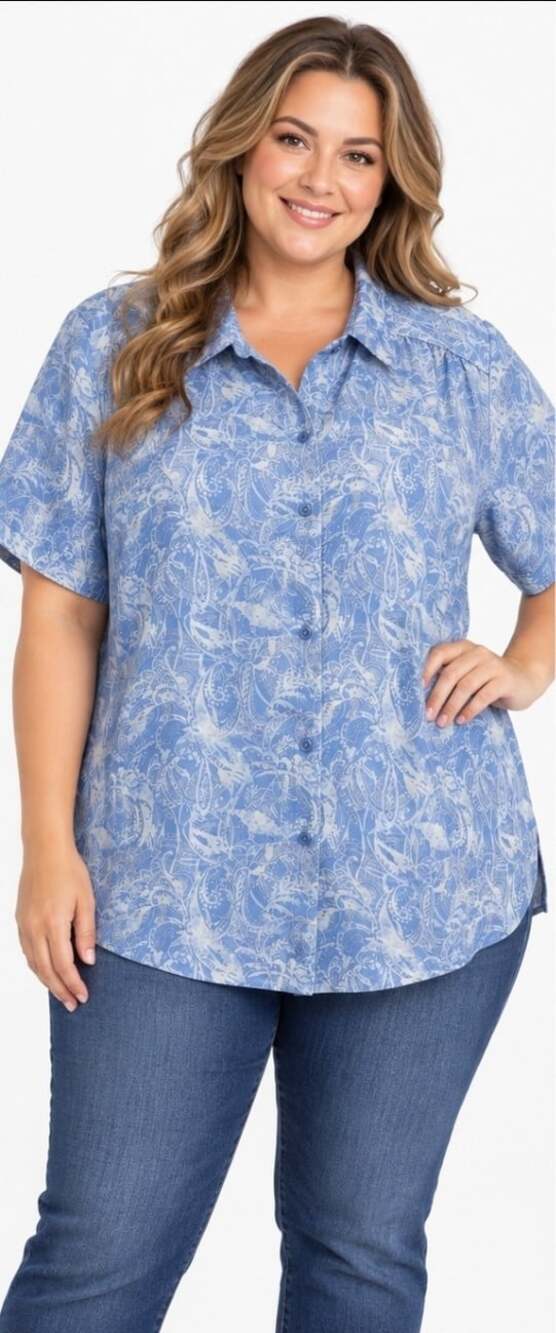 Woman Within Womens 6X Blue Floral Button Up Tunic Blouse Short Sleeve NWT T110